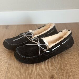 Black Suede Moccasin Slippers with Shearling Lining
